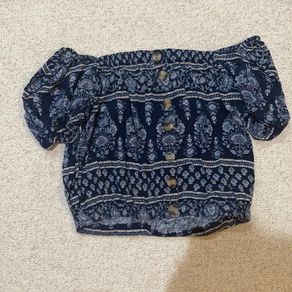 Off the shoulder button style blue pattern top